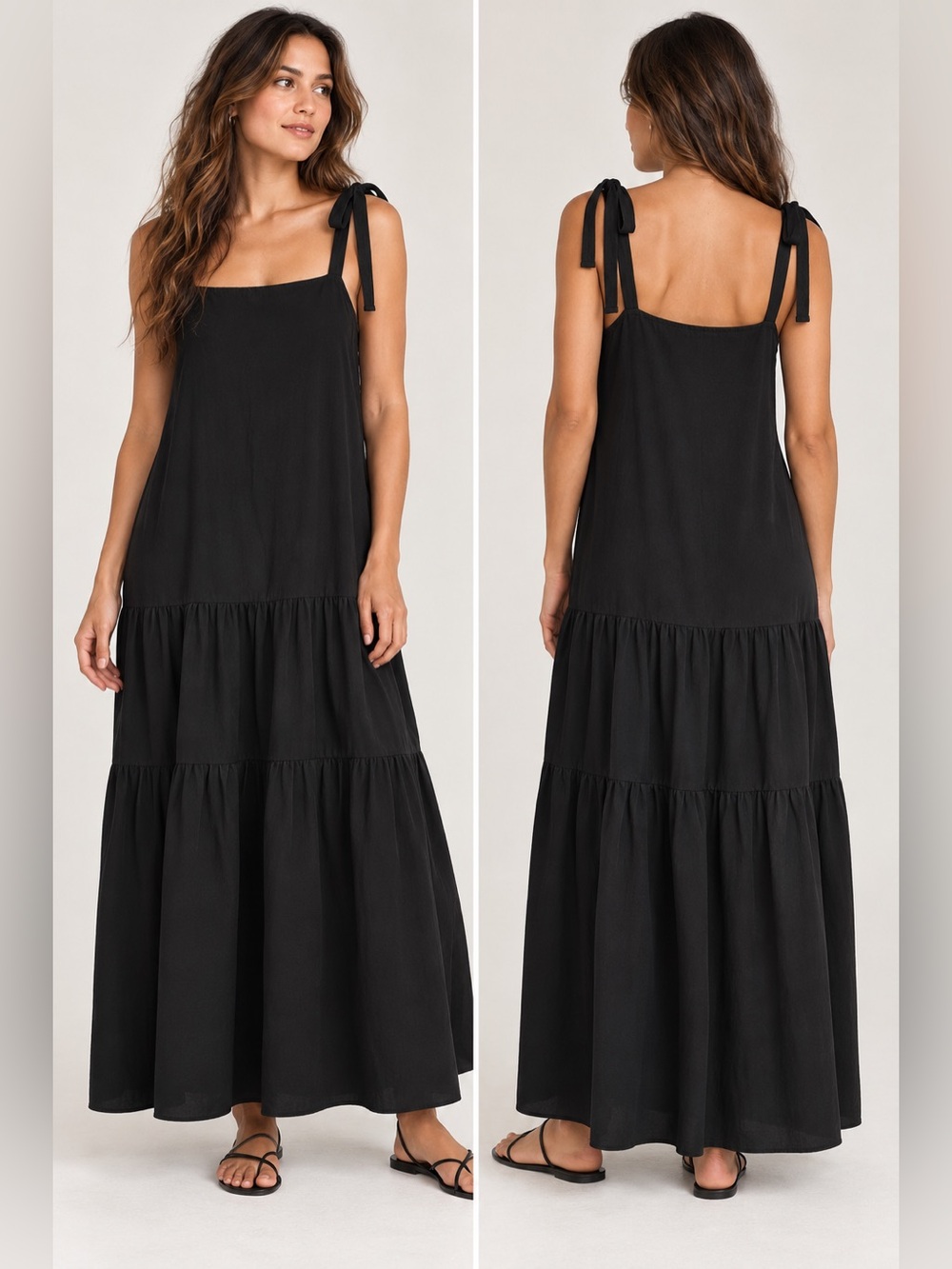 Topshop Black 100% Cotton Tiered Maxi Dress US 12 Tie Strap Boho